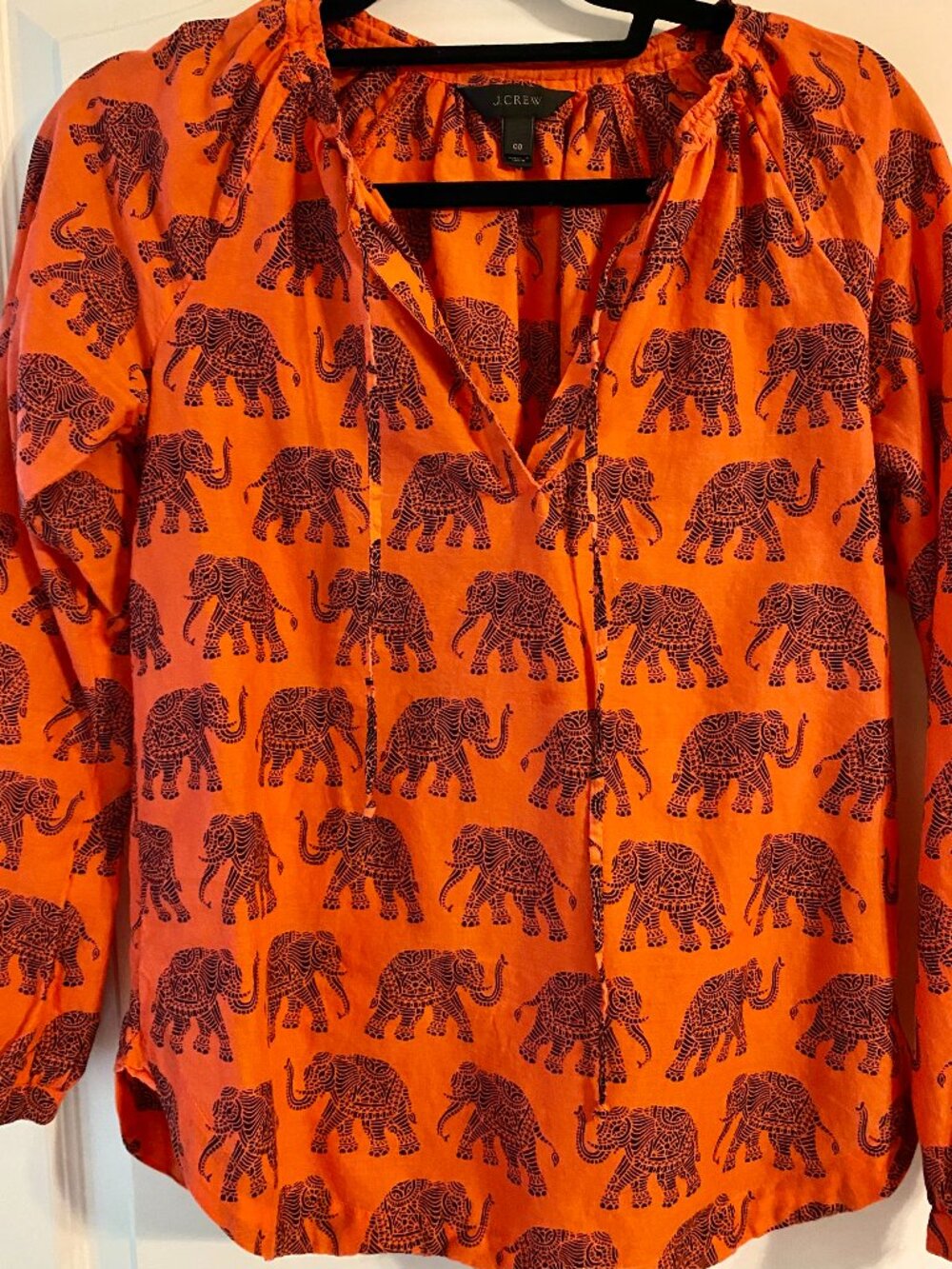 J. Crew Elephant print boho shirt with tie at the neck, orange and navy, size 00